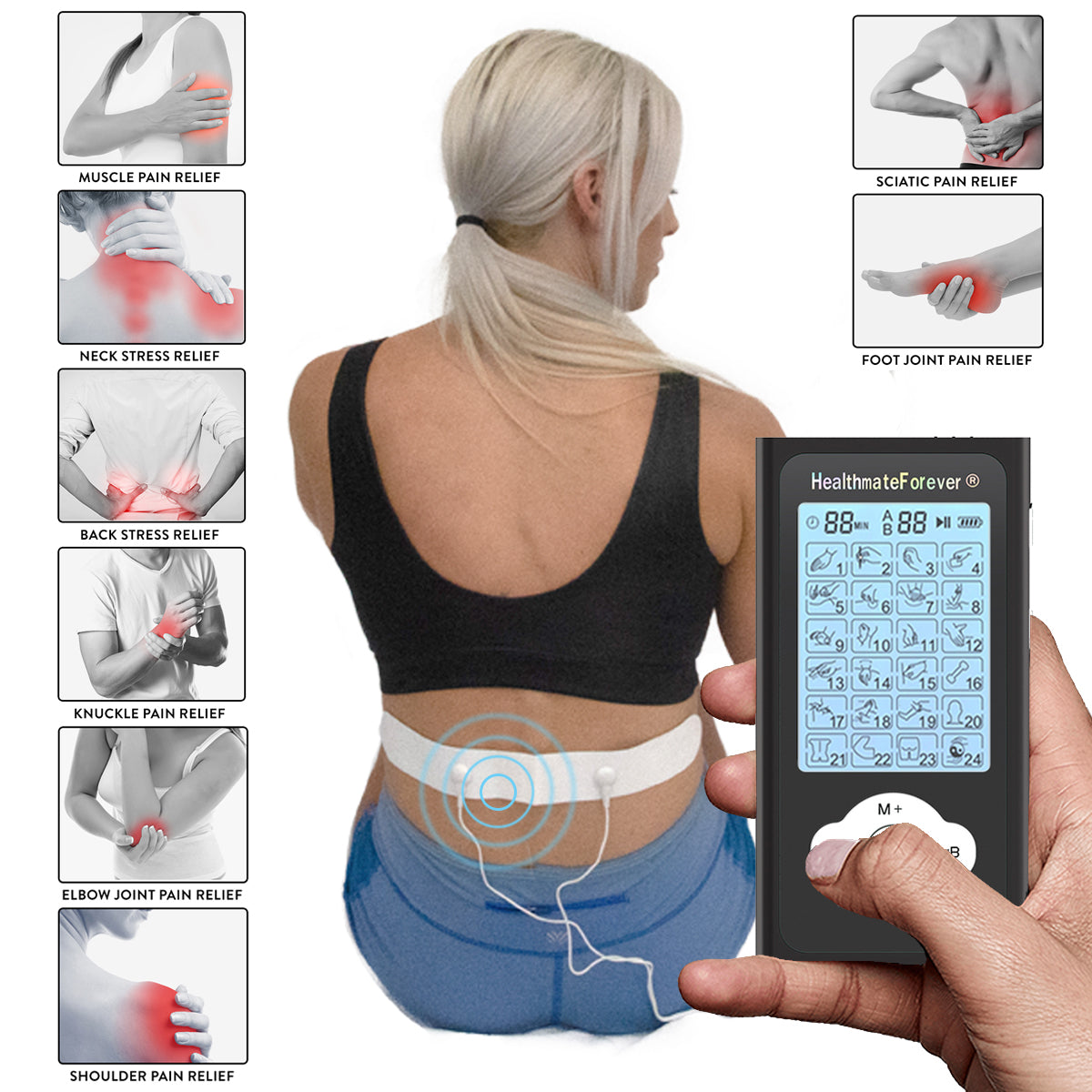 TENS Unit 24 Massage Modes Muscle Stimulator for Back, Neck, Knee Pain,  Electronic TENS Machine for Sciatica Lower Back Pain Relief with 8 Pcs